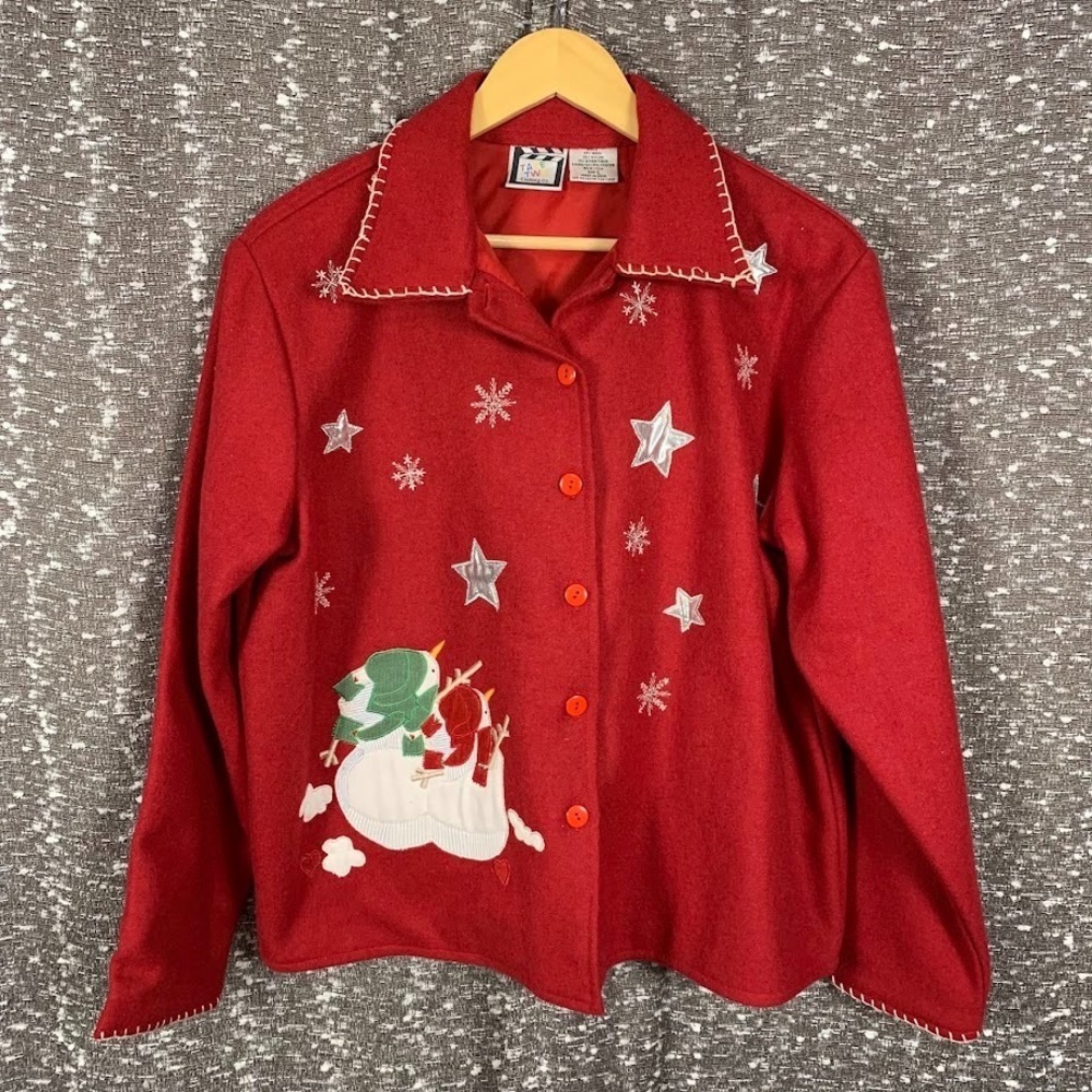 Vintage Take Two Christmas Wool‎ Button Up Jacket Holiday Snowman Women's Large